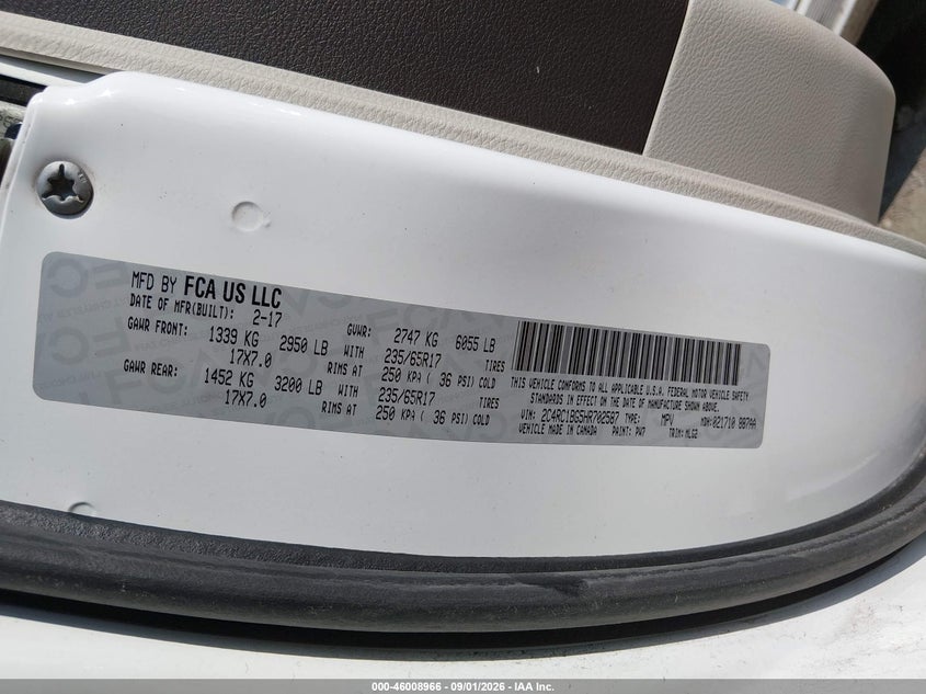 CHRYSLER PACIFICA 2017 VIN 2C4RC1BG5HR702587