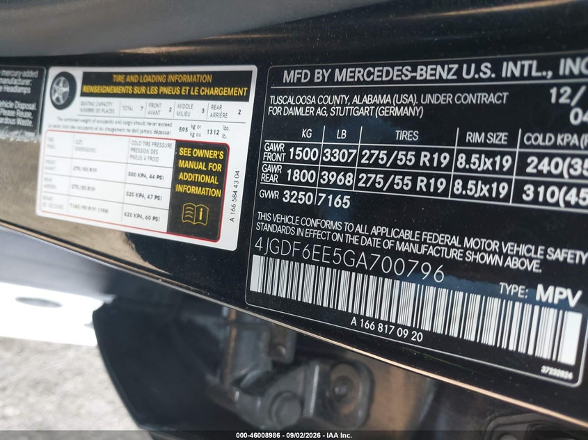 MERCEDES-BENZ GL 450 2016 VIN 4JGDF6EE5GA700796