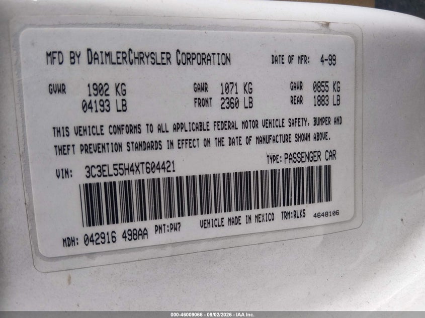 CHRYSLER SEBRING 1999 VIN 3C3EL55H4XT604421