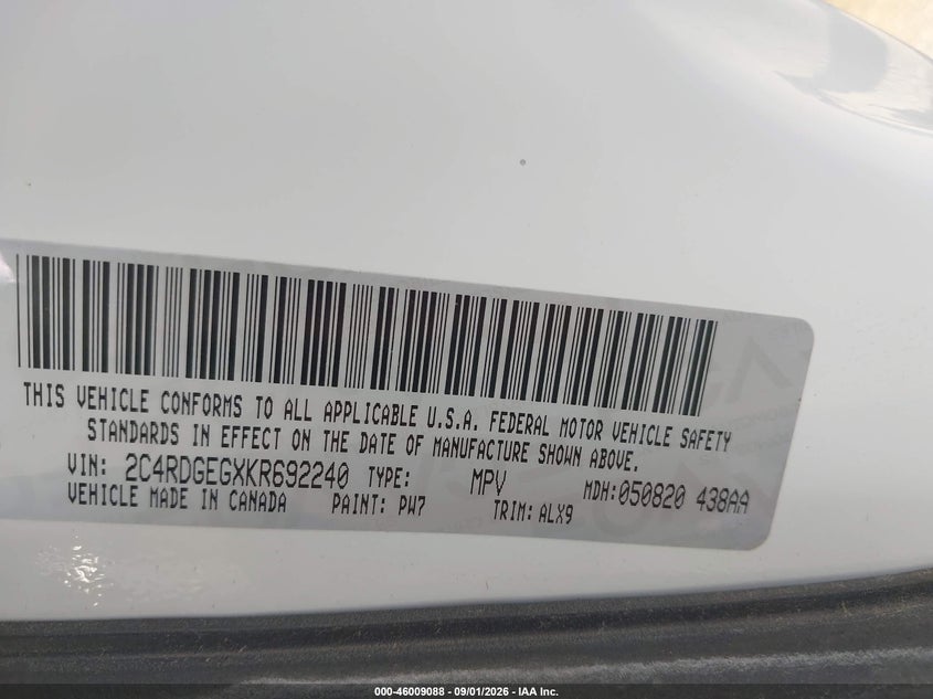 DODGE GRAND CARAVAN 2019 VIN 2C4RDGEGXKR692240