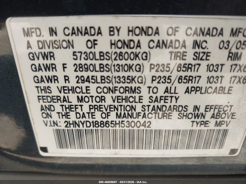 ACURA MDX 2005 VIN 2HNYD18865H530042