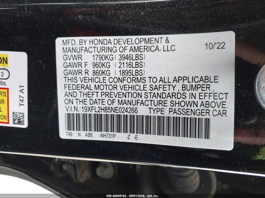 HONDA CIVIC 2022 VIN 19XFL2H85NE024266