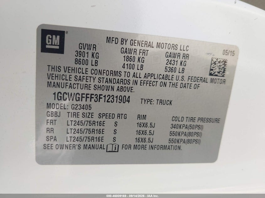 CHEVROLET EXPRESS 2500 2015 VIN 1GCWGFFF3F1231904