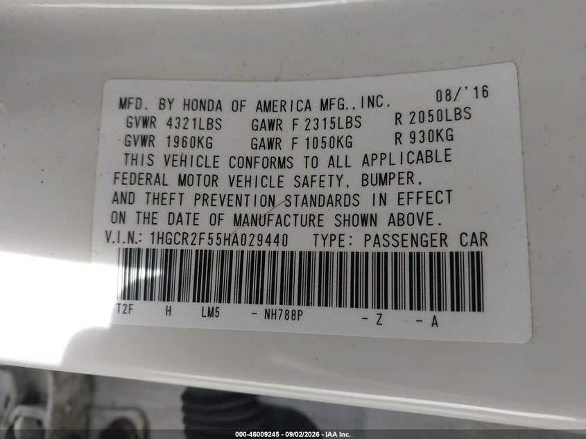 HONDA ACCORD 2017 VIN 1HGCR2F55HA029440
