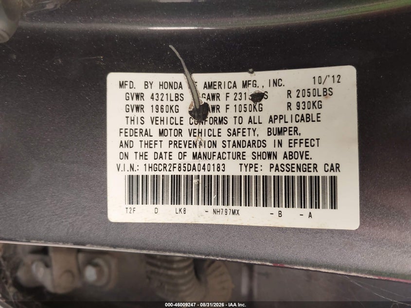 2013 HONDA ACCORD SEDAN 2.4L I-4 DI, DOHC, VVT, REGULAR , 185HP