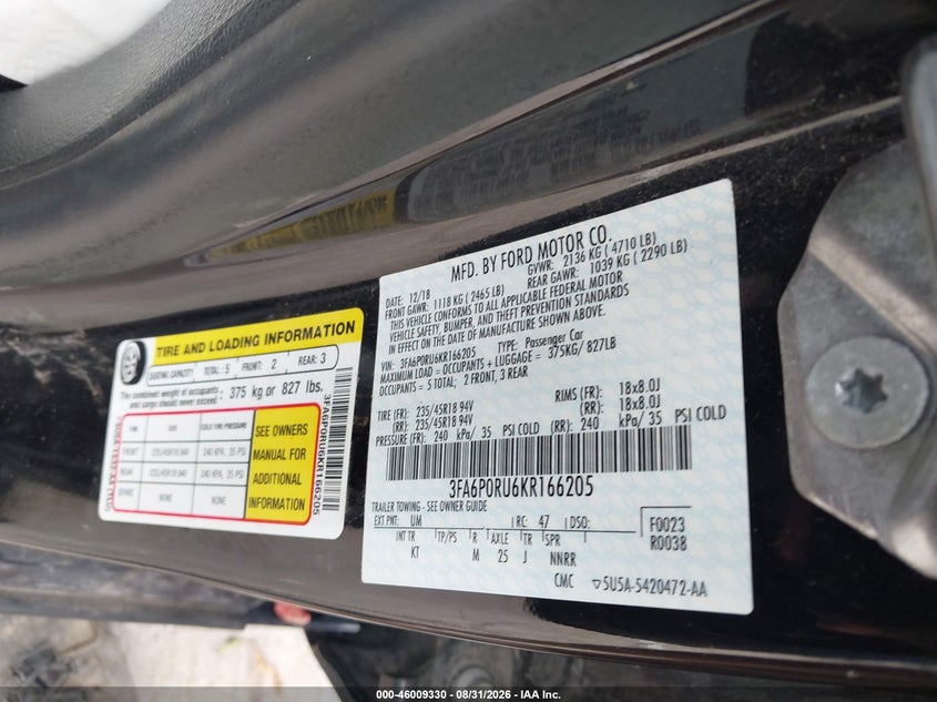 FORD FUSION HYBRID 2019 VIN 3FA6P0RU6KR166205