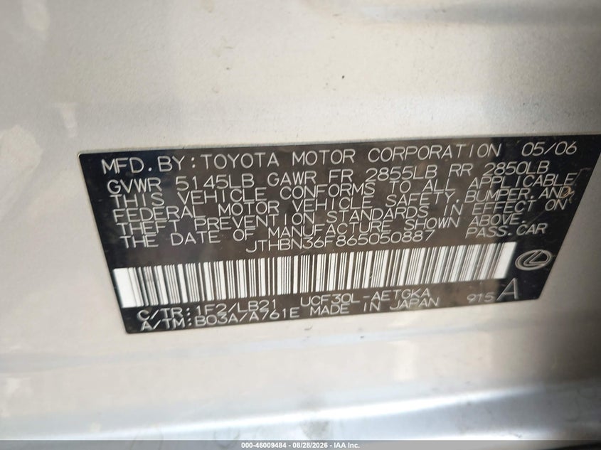 LEXUS LS 430 2006 VIN JTHBN36F865050887