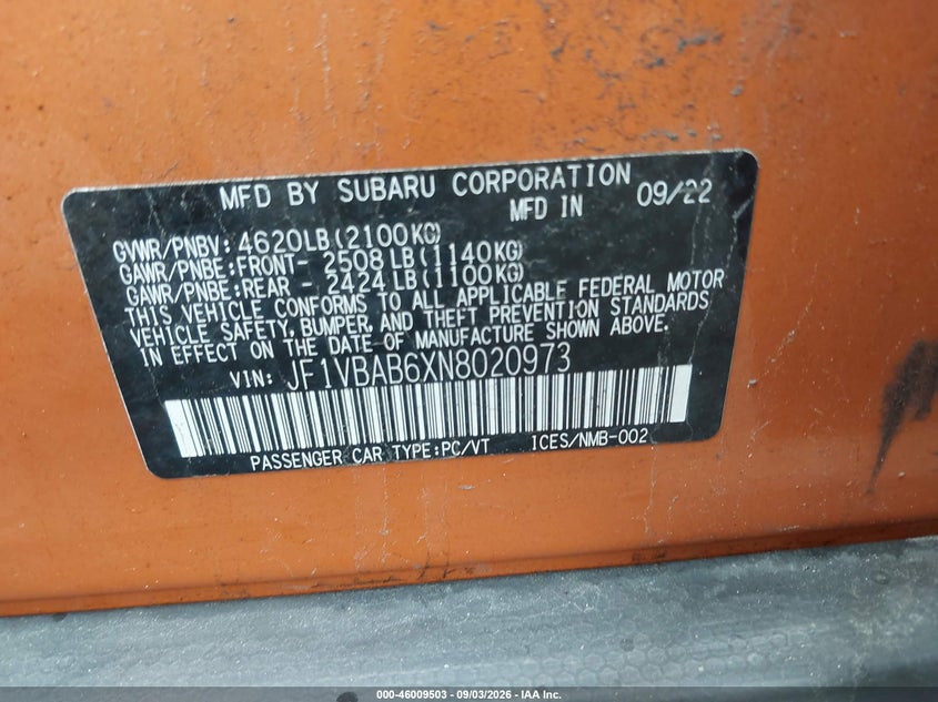 SUBARU WRX 2022 VIN JF1VBAB6XN8020973