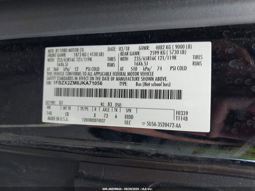 FORD TRANSIT-350 2018 VIN 1FBZX2ZM8JKA71056