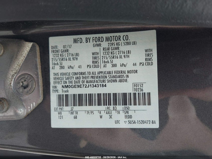 FORD TRANSIT CONNECT 2018 VIN NM0GE9E72J1343184