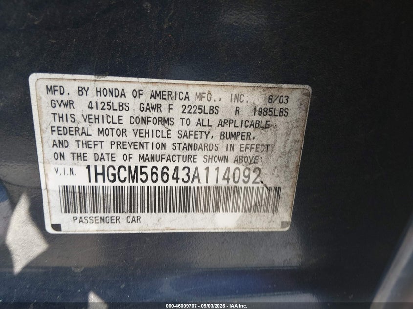 2003 HONDA ACCORD SEDAN 2.4L I-4 DOHC, VVT, REGULAR , 160HP