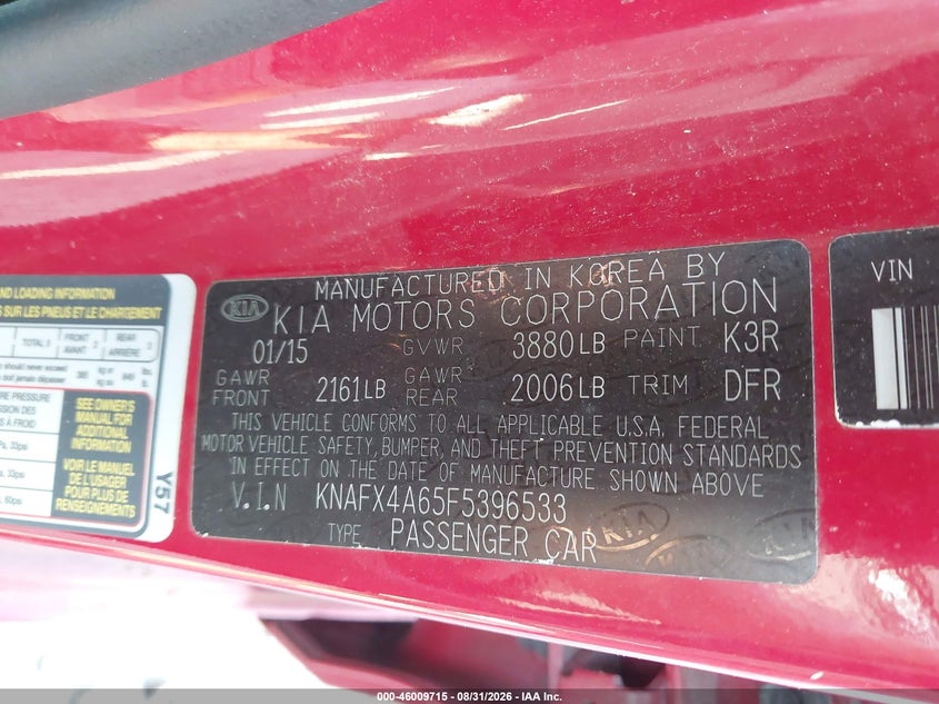 KIA FORTE 2015 VIN KNAFX4A65F5396533