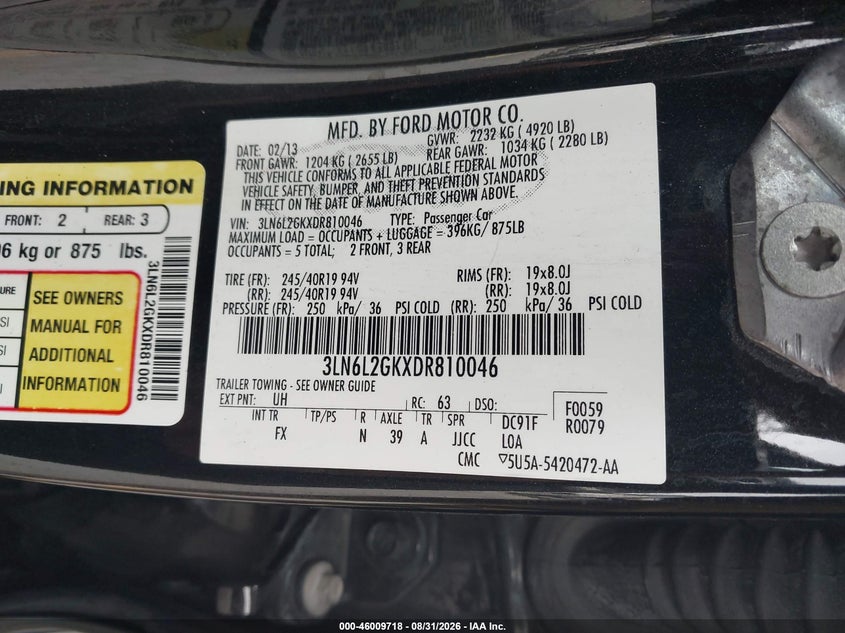 LINCOLN MKZ 2013 VIN 3LN6L2GKXDR810046
