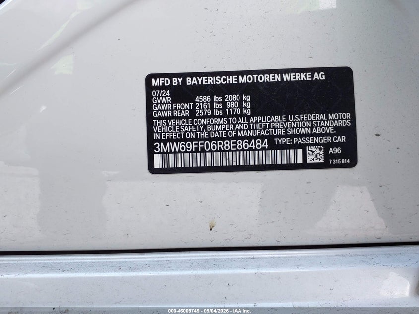 BMW 330I 2024 VIN 3MW69FF06R8E86484