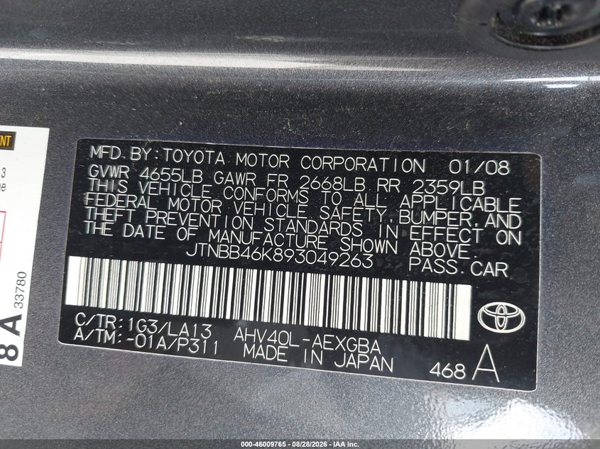 TOYOTA CAMRY HYBRID 2009 VIN JTNBB46K893049263
