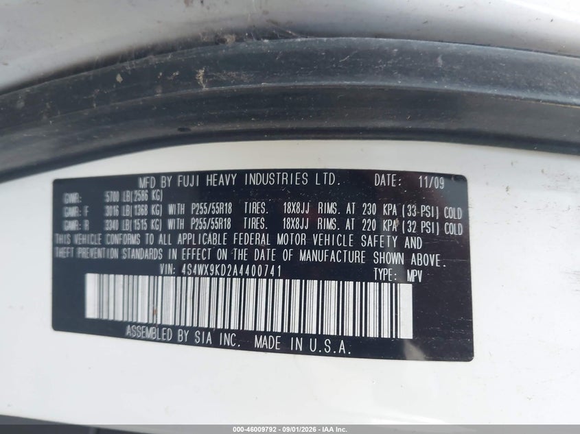 SUBARU TRIBECA 2010 VIN 4S4WX9KD2A4400741