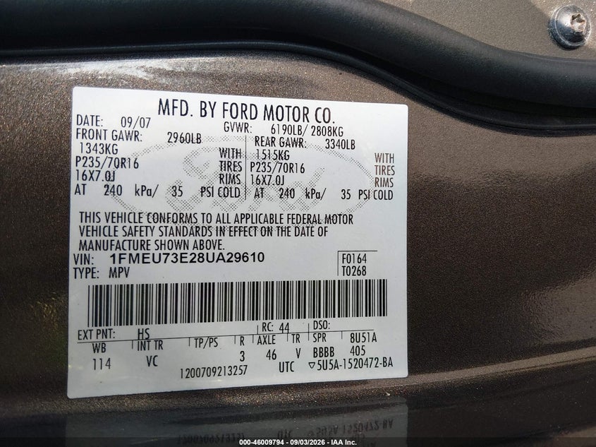 FORD EXPLORER 2008 VIN 1FMEU73E28UA29610