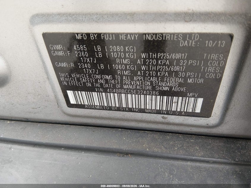 SUBARU OUTBACK 2014 VIN 4S4BRBCC5E3240386