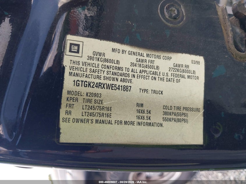 GMC SIERRA 2500 1998 VIN 1GTGK24RXWE541887