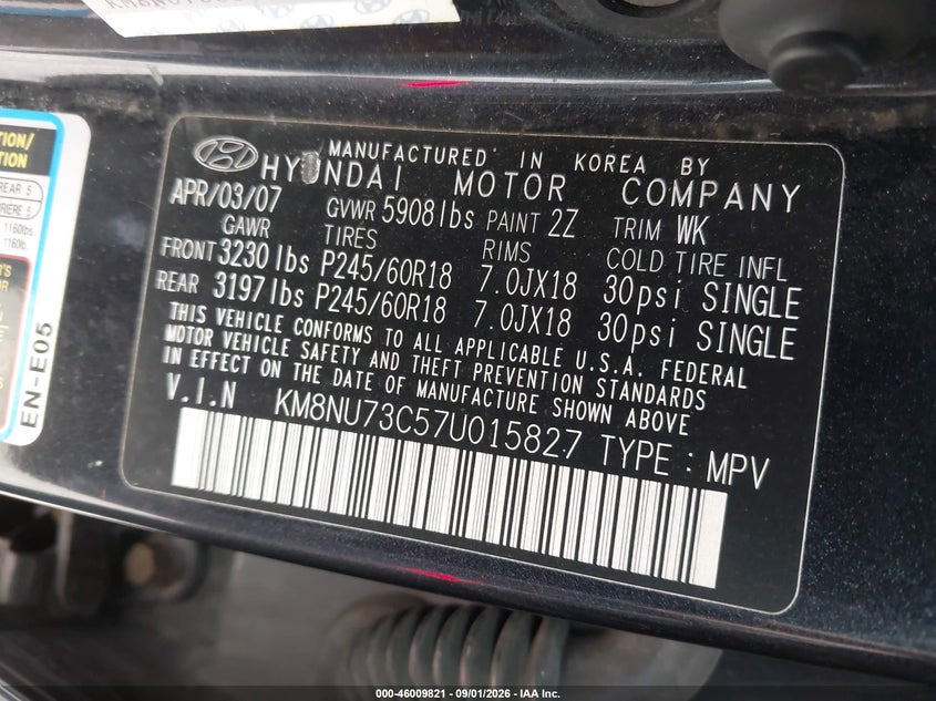 2007 HYUNDAI VERACRUZ SPORT UTILITY VEHICLE 3.8L V-6 DOHC, VVT, REGULAR , 260HP