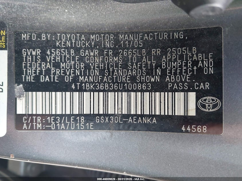 TOYOTA AVALON 2006 VIN 4T1BK36B36U100863