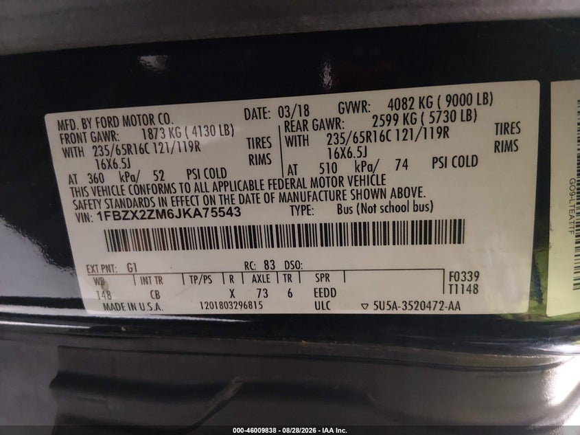FORD TRANSIT-350 2018 VIN 1FBZX2ZM6JKA75543