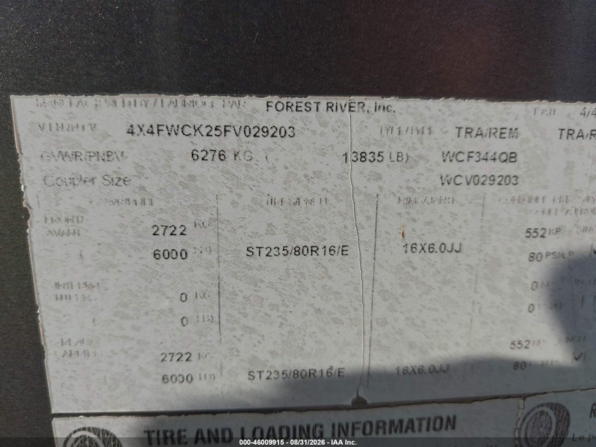 2015 OTHER FOREST RIVER WILDCAT TRAILER N/A