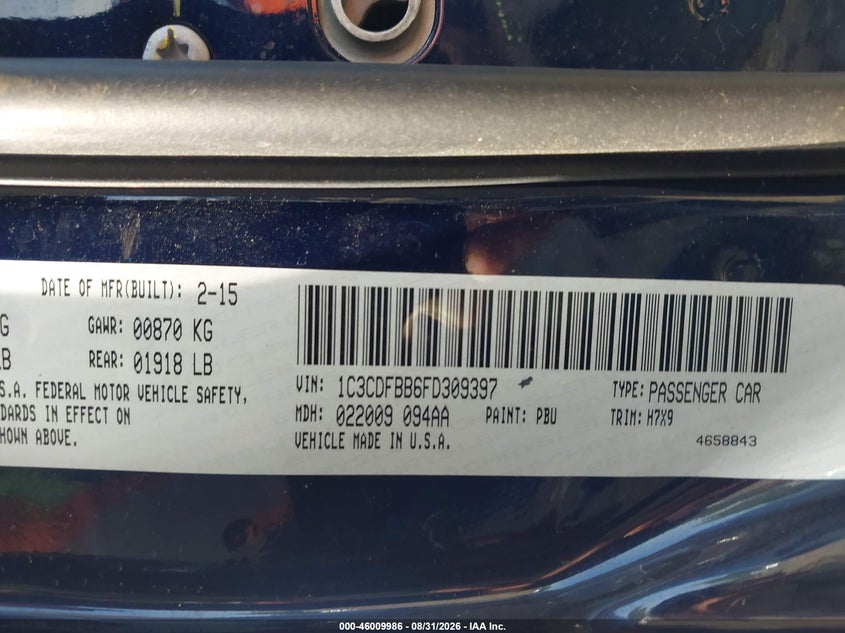 DODGE DART 2015 VIN 1C3CDFBB6FD309397