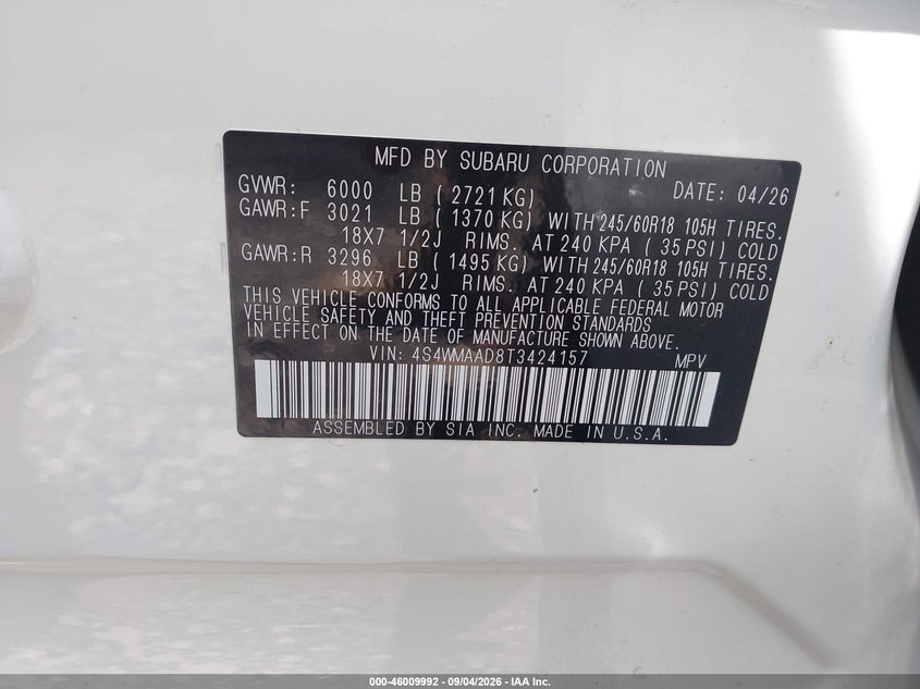 SUBARU ASCENT 2026 VIN 4S4WMAAD8T3424157