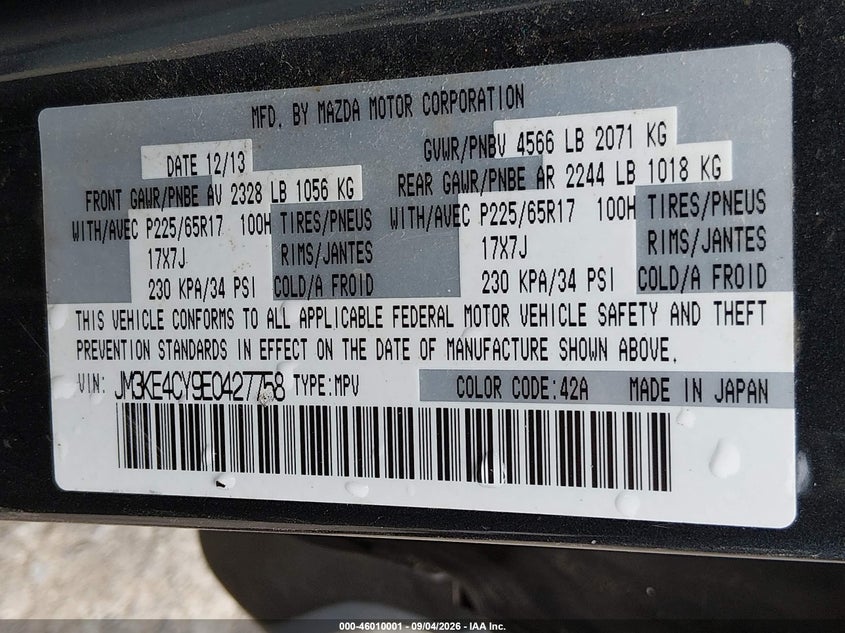 MAZDA CX-5 2014 VIN JM3KE4CY9E0427758