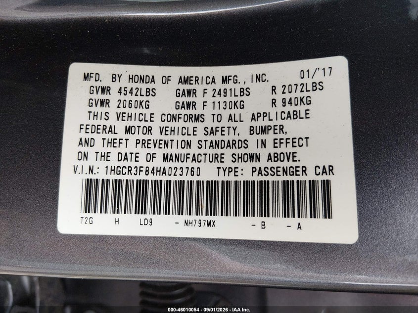 HONDA ACCORD 2017 VIN 1HGCR3F84HA023760