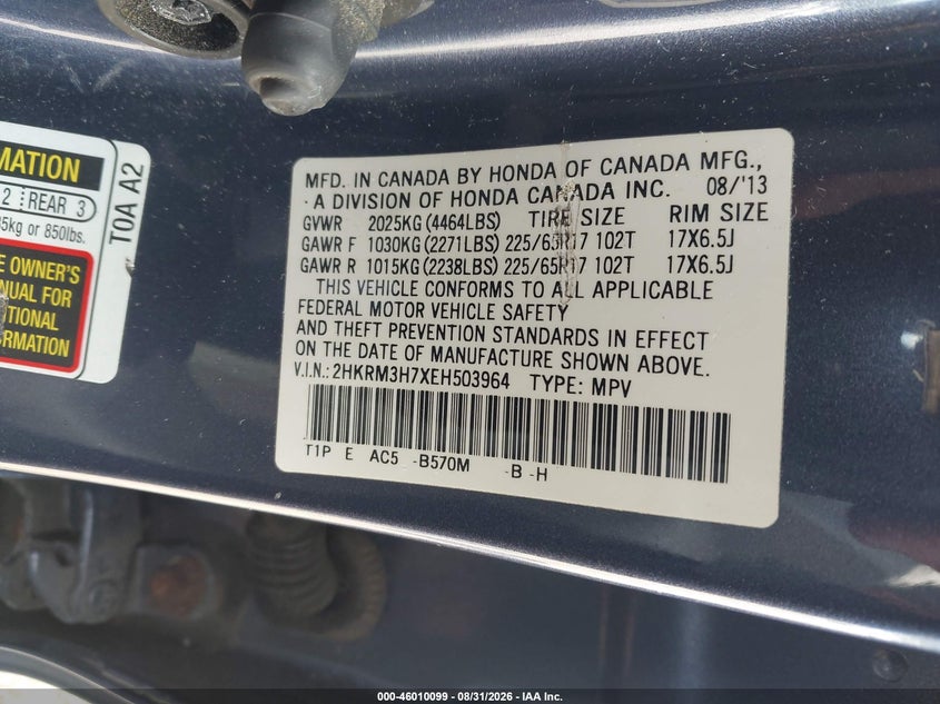 HONDA CR-V 2014 VIN 2HKRM3H7XEH503964