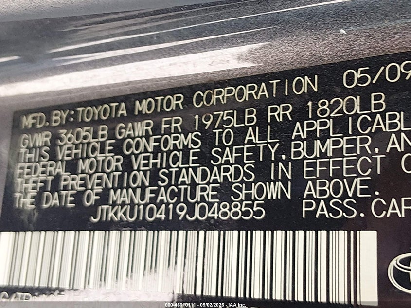 SCION XD 2009 VIN JTKKU10419J048855