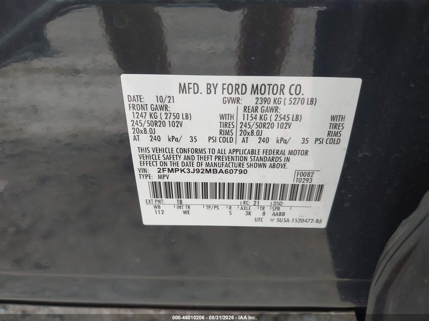 FORD EDGE 2021 VIN 2FMPK3J92MBA60790