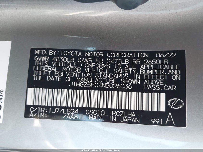 LEXUS RC 350 2022 VIN JTHGZ5BC4N5026036