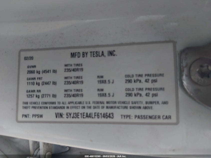 TESLA MODEL 3 2020 VIN 5YJ3E1EA6LF634635
