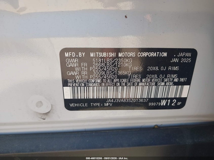 MITSUBISHI OUTLANDER 2025 VIN JA4J3VA83SZ013637