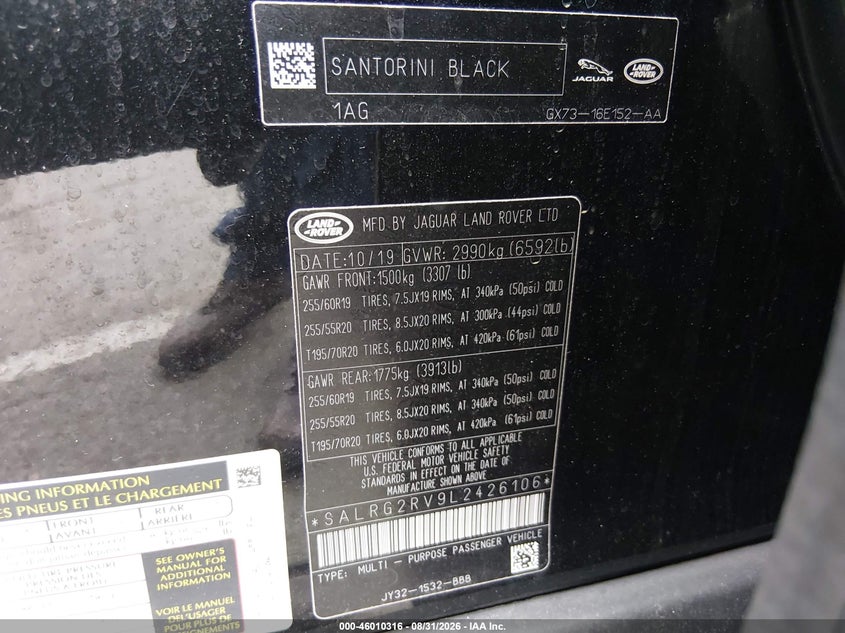 LAND-ROVER DISCOVERY 2020 VIN SALRG2RV9L2426106