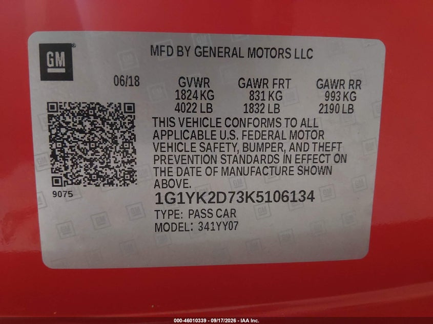 CHEVROLET CORVETTE 2019 VIN 1G1YK2D73K5106134