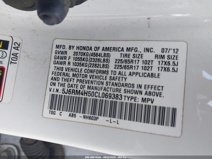 HONDA CR-V 2012 VIN 5J6RM4H50CL069383