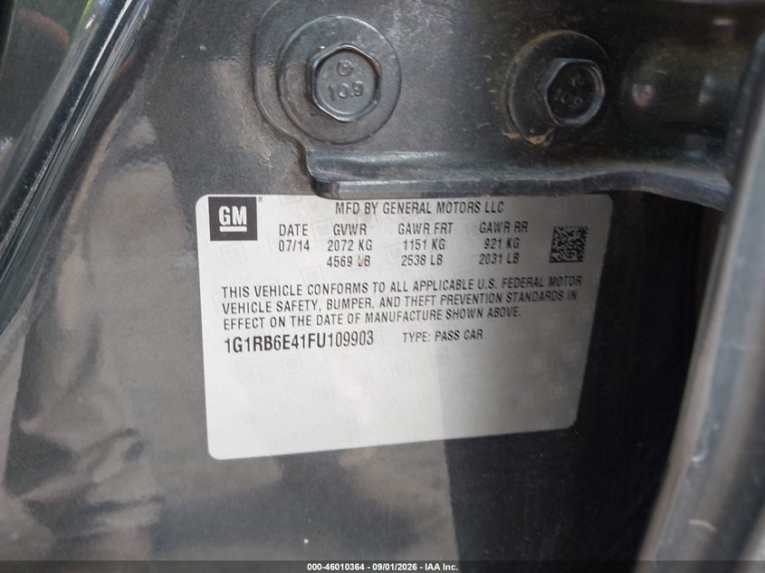 CHEVROLET VOLT 2015 VIN 1G1RB6E41FU109903