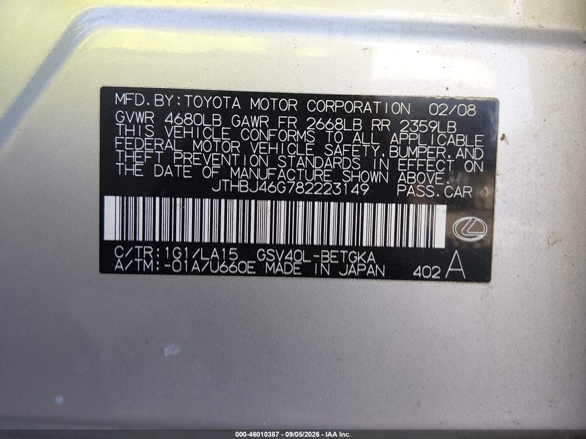 2008 LEXUS ES SEDAN 3.5L V-6 DOHC, VVT, PREMIUM , 272HP