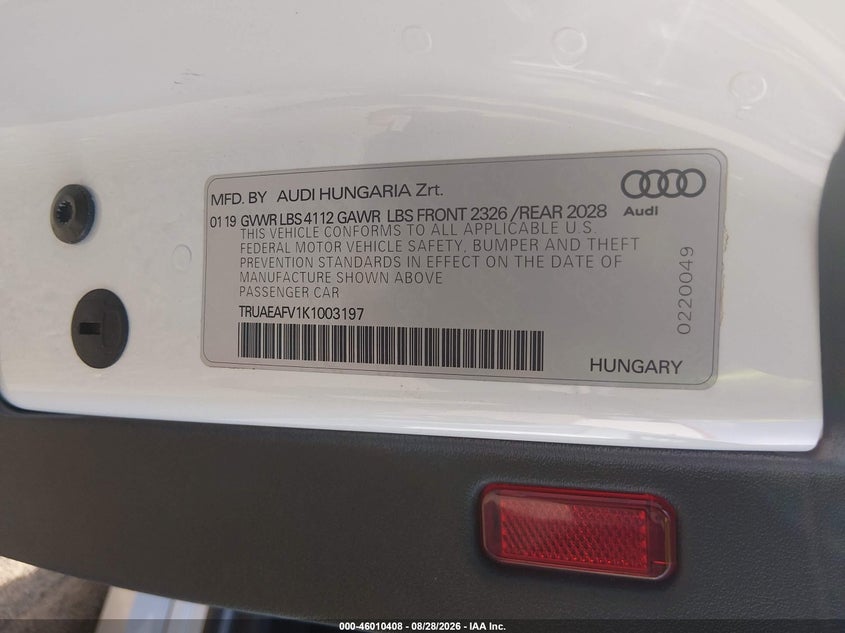 2019 AUDI TT COUPE 2.0L I-4 DI, DOHC, VVT, TURBO, 220HP