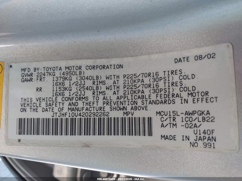 LEXUS RX 300 2002 VIN JTJHF10U420292262