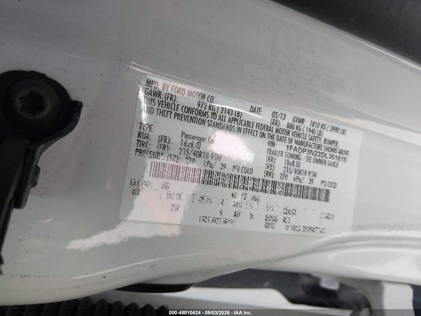 FORD FOCUS 2013 VIN 1FADP3N22DL301615