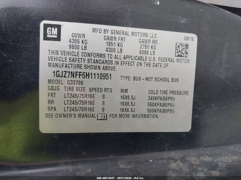GMC SAVANA 3500 2017 VIN 1GJZ7NFF6H1110951