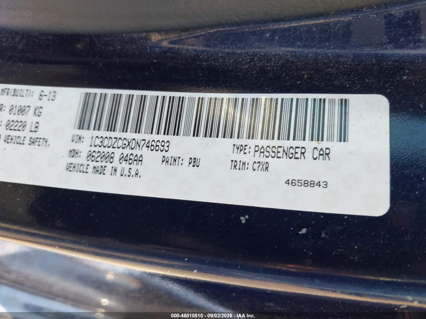 2013 DODGE AVENGER SEDAN 3.6L V-6 DOHC, VVT, 283HP