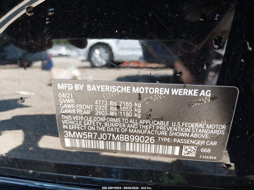 BMW 330I 2021 VIN 3MW5R7J07M8B99026