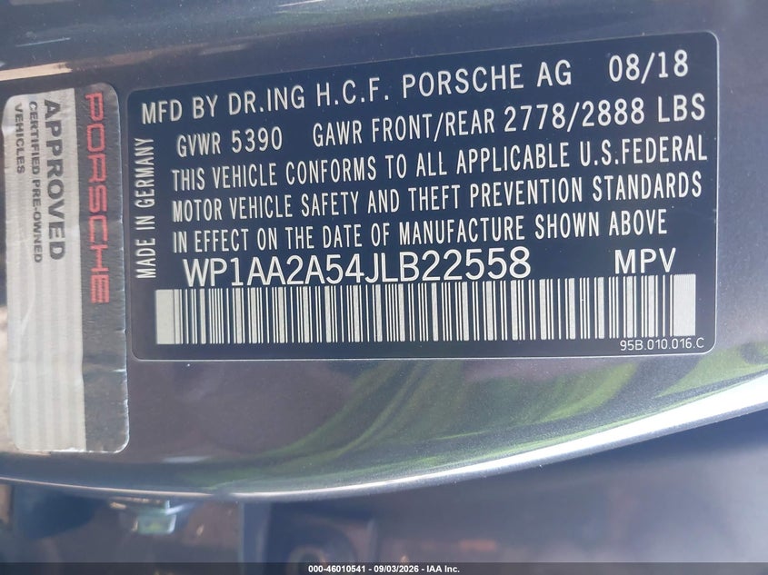 PORSCHE MACAN 2018 VIN WP1AA2A54JLB22558