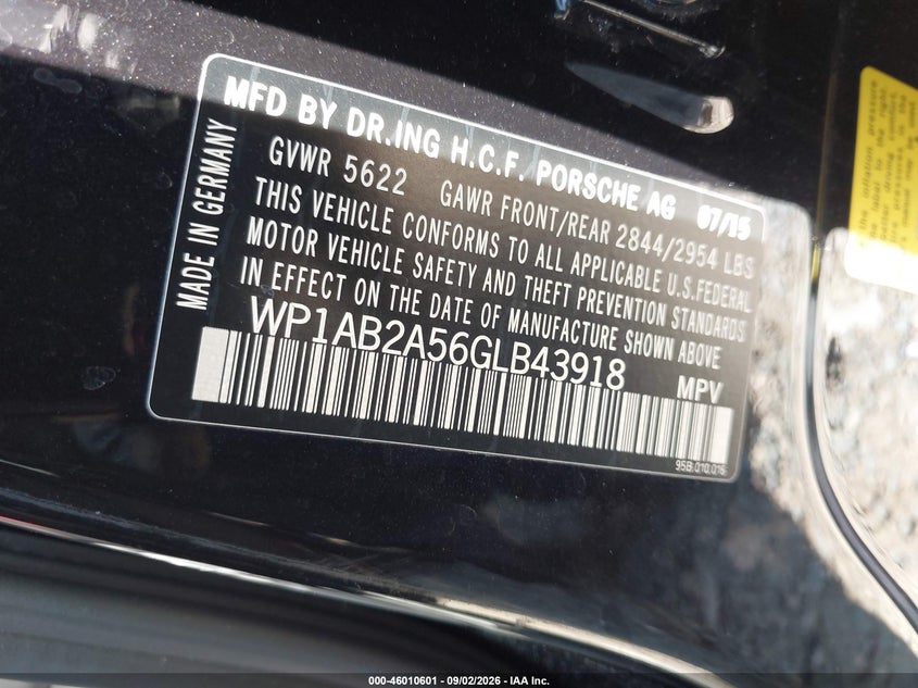 PORSCHE MACAN 2016 VIN WP1AB2A56GLB43918